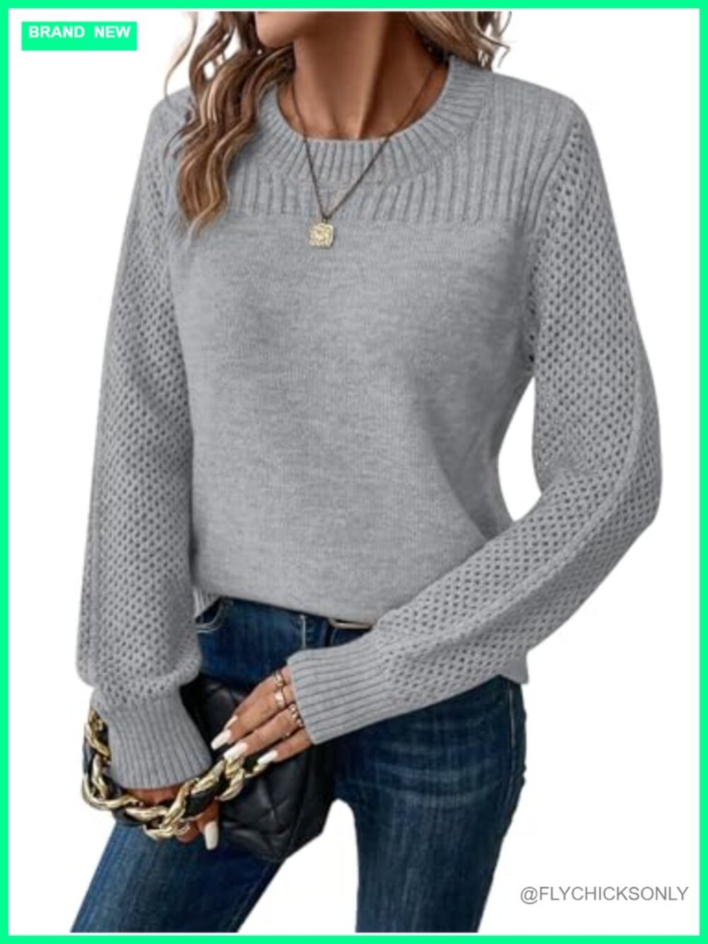 Womens Crew Neck Long Sleeve Knit Pullover Sweater with Crochet Eyelet